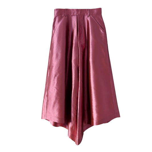 Wide Flare High Waisted Pants in Metallic Pink Satin