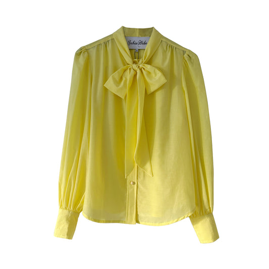 Silk Cotton Bow Blouse in Yellow