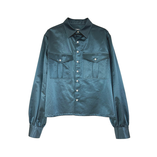 Satin Military Blouse in Teal Blue